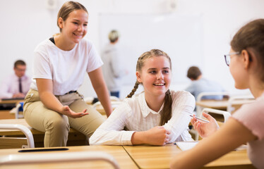 Fototapeta na wymiar Teenage schoolgirls friendly talking during recess between lectures in classroom