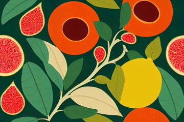 Big seamless pattern 2d illustration Set of Garnet, lemon, orange and figs branch. green leaves, fruit, flowers