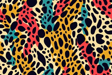 Animal skin print in rainbow colors, 90s style. Colorful leopard spot seamless pattern design. Abstract blob, rosettes texture. Bold summer 2d illustration illustration for surface wrapping, fun