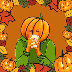 Pumpkin head figure wearing plush green hoodie sweater sips hot seasonal drink from medium white cup illustration hand drawn with brown background Jack O Lantern frame