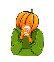 Pumpkin head figure wearing plush green hoodie sweater sips hot seasonal drink from medium white cup illustration hand drawn vector element transparent background