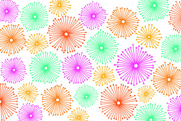 Hand drawn vintage inspired star burst dandelion flower doodle background in bold red purple green celebration hues