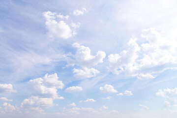 Beautiful light blue sky with many white cirrus and fluffy clouds in sunlight, background texture,...