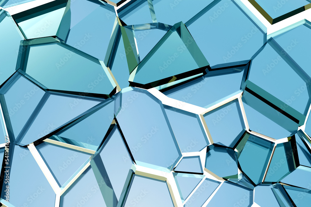 Poster broken glass. blue shards background. broken mirror close-up. background from shattered blue element