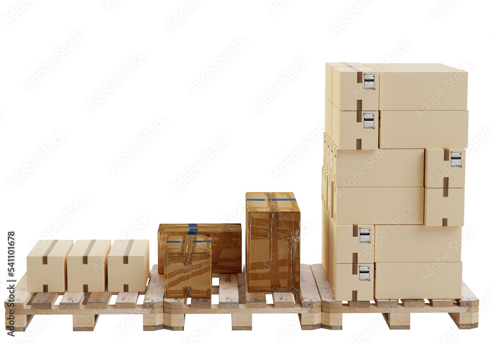 Poster boxes on pallet. warehouse with different types of boxes. closed boxes are stored on pallets. parcel