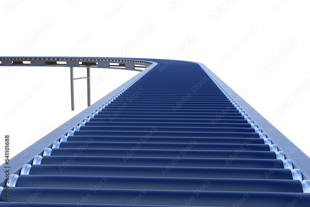 Poster blue conveyor belt. curved conveyor isolated on white background. empty conveyor belt on steel stand
