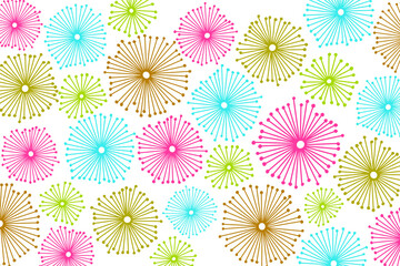 Hand drawn vintage inspired star burst dandelion flower doodle background in bold purple gold bright blue green celebration hues