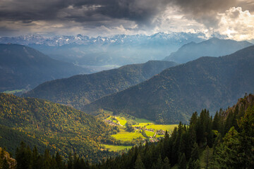 Obraz premium Above Oberammergau region landscape, Waxenstein and Zugspitze, Bavarian alps