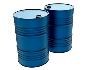 Blue barrels. Steel cask for chemical industry. Barrels for storing and transporting liquids. Steel barrels without inscription. Blue cask isolated on white. Metal round containers. 3d rendering.