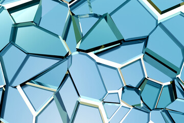 Broken glass. Blue shards background. Broken mirror close-up. Background from shattered blue elements. Broken glass pattern. Texture with shattered crystals. Glass with cracks. 3d rendering.