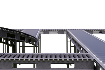 Industrial conveyor. Belt conveyor technology for production. Concept of automated production process. Conveyor Belt isolated on white. Production line for modern factory. 3d rendering.