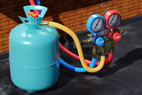 Air cooling balloon. Freon gas cylinder on ground. Process of charging air conditioner with Freon. Air cooling with freon gas. Pressure sensors near outdoor wall. Halogen, ozone, nitrogen. 3d image.