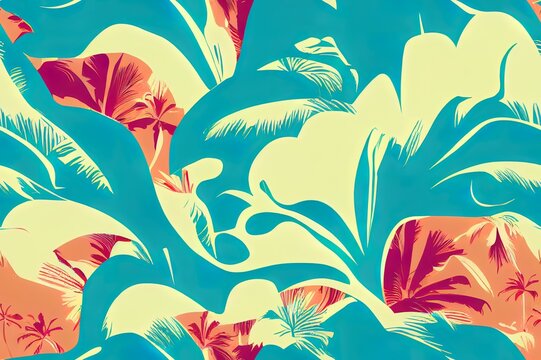 Seamless 2d illustration print designs with Hawaii, tropical, surf, palm tiki mask themed.