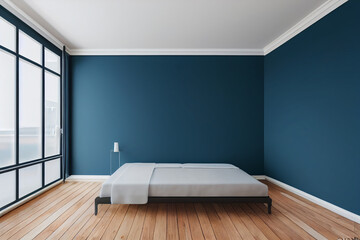 Rooms with white bed , wooden parquet floor, blue room color, apartment without furniture.