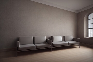 Rooms with grey sofa, wooden parquet floor, white and gray room color, apartment without furniture.