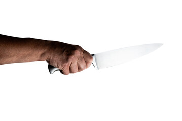 female hand holding a huge sharp knife. Isolated on white background