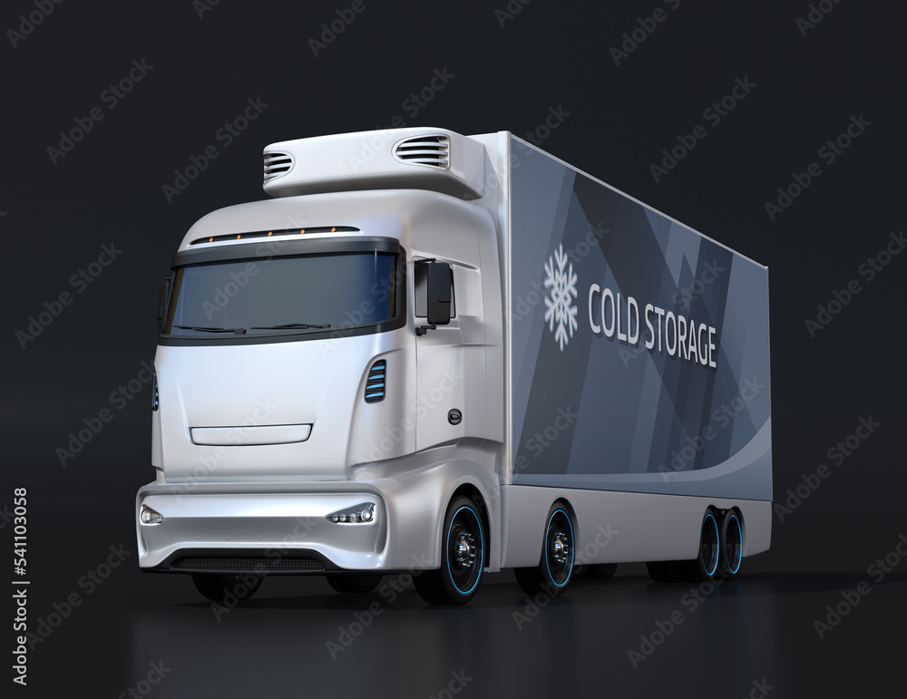 Poster heavy truck with reefer container on black background. cold chain concept. 3d rendering image.