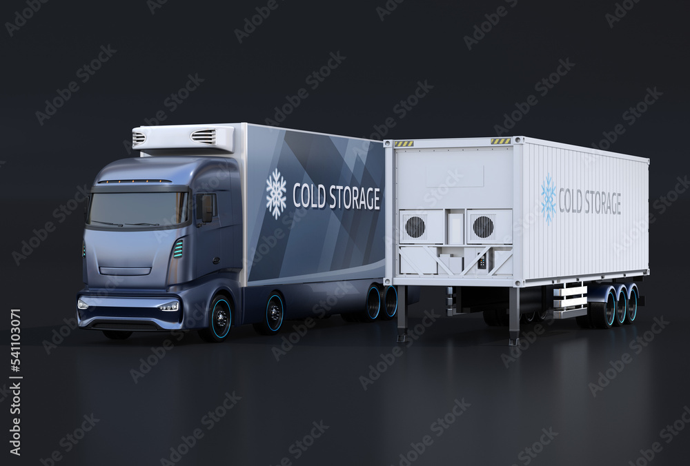 Poster blue electric truck with reefer container and single container trailer on black background. cold cha