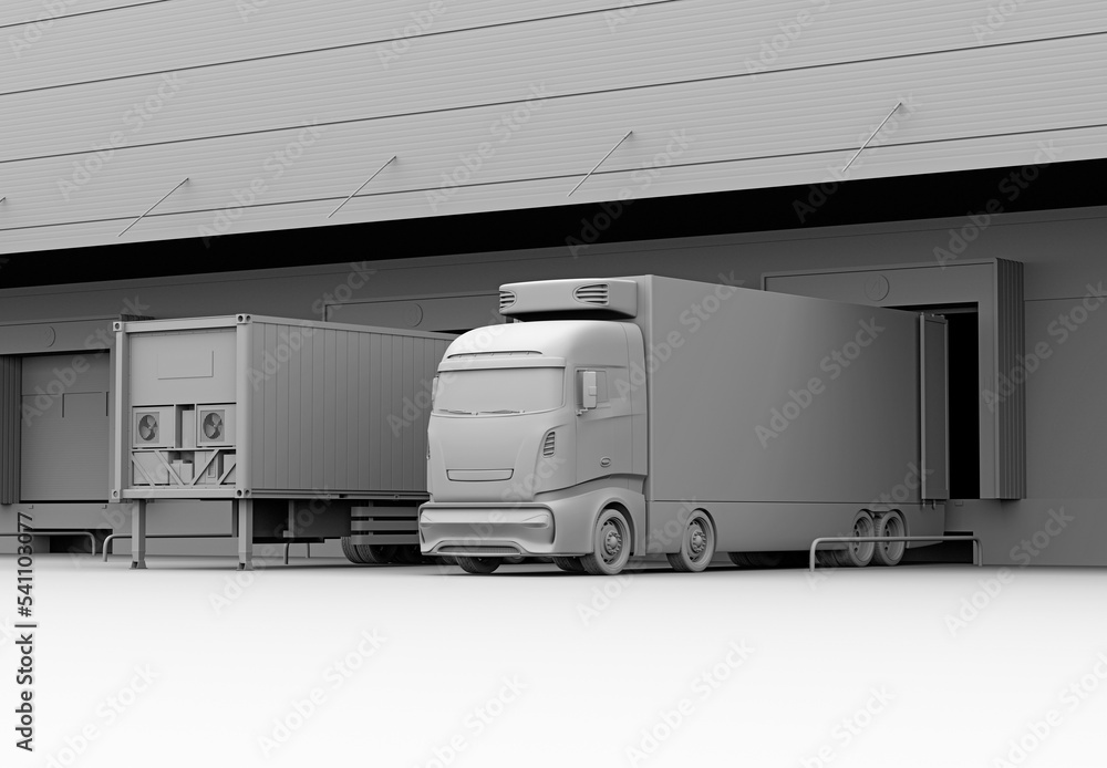 Poster clay rendering of electric trucks with reefer container and single container trailer parking in logi