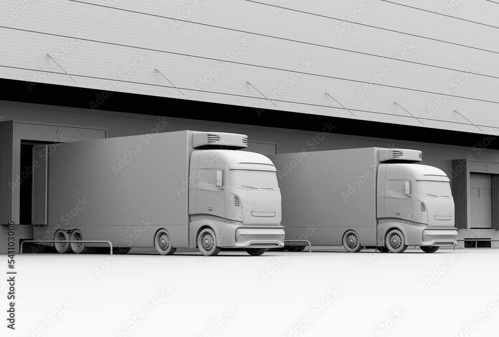 Poster clay rendering of electric trucks with reefer container and single container trailer parking in logi