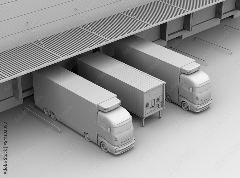 Poster clay rendering of electric trucks with reefer container and single container trailer parking in logi