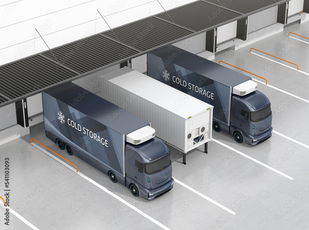 Poster blue electric trucks with reefer container and single container trailer parking in logistics center.