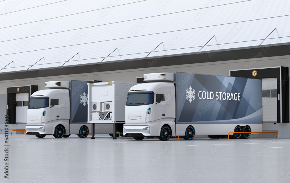 Poster white electric trucks with reefer container and single container trailer parking in logistics center