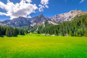Idyllic Alpine landscape near St Magdalena, Val di Funes, Dolomites alps, Italy