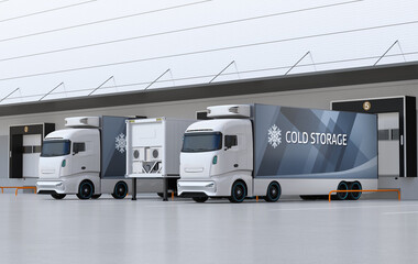 White electric trucks with reefer container and single container trailer parking in logistics center. Cold chain concept. 3D rendering image.