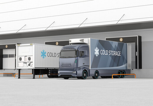 Blue electric truck with reefer container and single container trailer parking in logistics center. Cold chain concept. 3D rendering image.