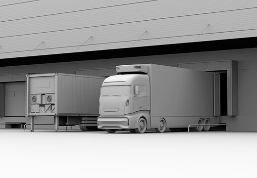 Clay rendering of electric trucks with reefer container and single container trailer parking in logistics center. Cold chain concept. 3D rendering image.