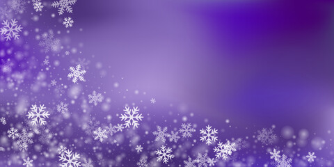 Magic falling snow flakes pattern. Snowstorm speck freeze elements. Snowfall weather white purple design. Many snowflakes christmas theme. Snow hurricane scenery.
