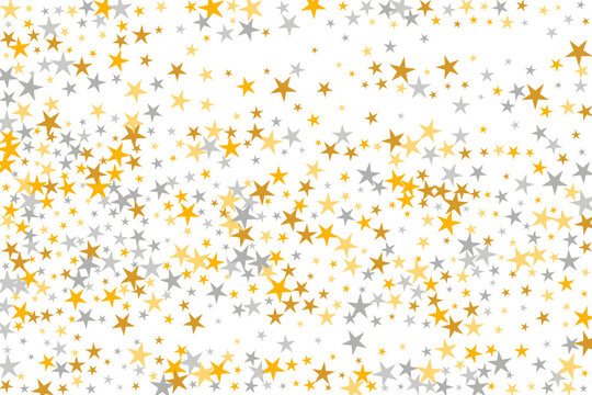 Elegant silver and gold stars random vector backdrop. Many starburst spangles holiday decoration confetti. Cartoon stars random wallpaper. Spangle symbols greeting decor.