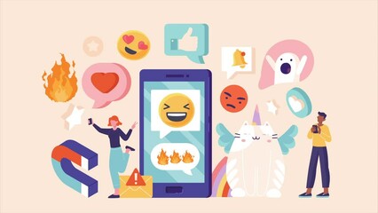 Viral content video concept. Moving social media users leave reactions to interesting funny photos on smartphone. Digital marketing or blogging. Attracting subscribers. Flat graphic animated cartoon - Powered by Adobe