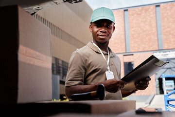 Portrait of black young man as delivery worker unloading van with packages