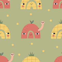 Seamless rainbow pattern with cute apple and pineapple. Vector illustration