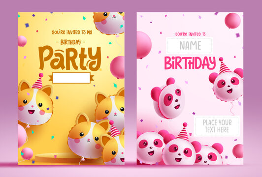 Birthday invitation card vector poster set. Birthday party text with cute cat and panda character balloons for lay out collection design. Vector Illustration.
