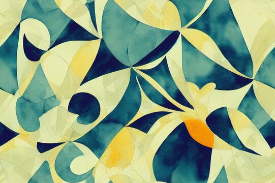 Abstract nordic print with geometric shapes and floral branches. Watercolor seamless pattern. Hand drawn marble illustration. Mixed media art © 2rogan
