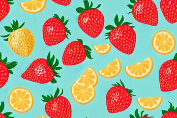 Fototapeta na wymiar 2d illustration Seamless bright light pattern Strawberry doodle style fresh fruit healthy food.