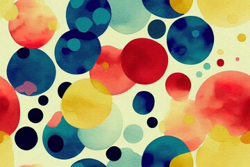 Abstract colorful spots, seamless watercolor pattern on ivory background, scattered blots, confetti.