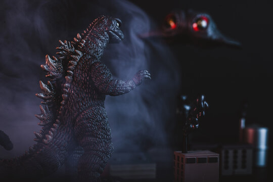 October 23, 2022, Everett, Washington, USA: Mezco Toyz 5 Points Hedorah vs. Godzilla Boxed Figure Set replicating scene from 1971 Kaiju monster film. 