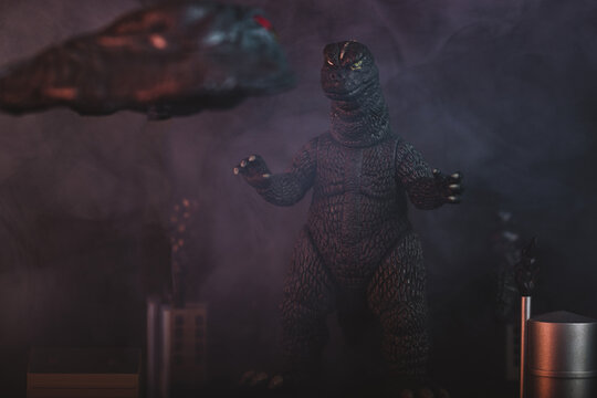 October 23, 2022, Everett, Washington, USA: Mezco Toyz 5 Points Hedorah vs. Godzilla Boxed Figure Set replicating scene from 1971 Kaiju monster film. 