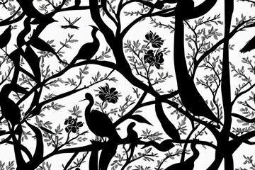 Vintage garden tree, banana tree, birds, crane floral seamless pattern black background. Exotic chinoiserie wallpaper.
