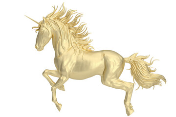 Naklejka na ściany i meble Gold unicorn isolated on white background. 3D rendering. 3D illustration.