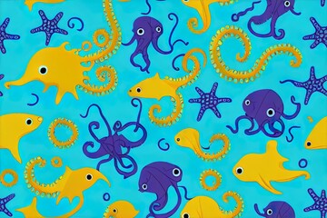 Naklejka na ściany i meble Underwater animals Seahorse Octopus Stingray Hammerhead Fish 2d illustration seamless pattern. Boho cute ocean creatures background. Scandinavian decorative childish design for nautical nursery kids