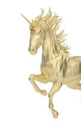 Naklejka na ściany i meble Gold unicorn isolated on white background. 3D rendering. 3D illustration.