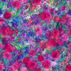 The illustration is of blooming flowers. The colors are Pink, blue, and purple. The background is a light green color.