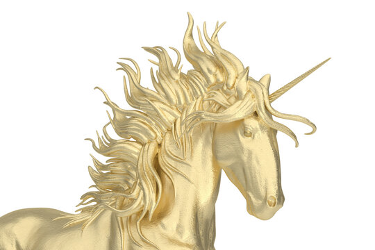 Gold unicorn isolated on white background. 3D rendering. 3D illustration.