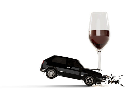 Drink driving concept, creative illustration. Car hits wine glass. 3D illustration.