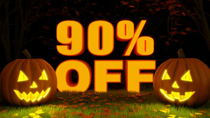 3d rendering of 3d lettering saying "90% off", with halloween pumpkins on the sides in a dark forest with orange leaves on the ground, autumn, halloween promotion 90% off.